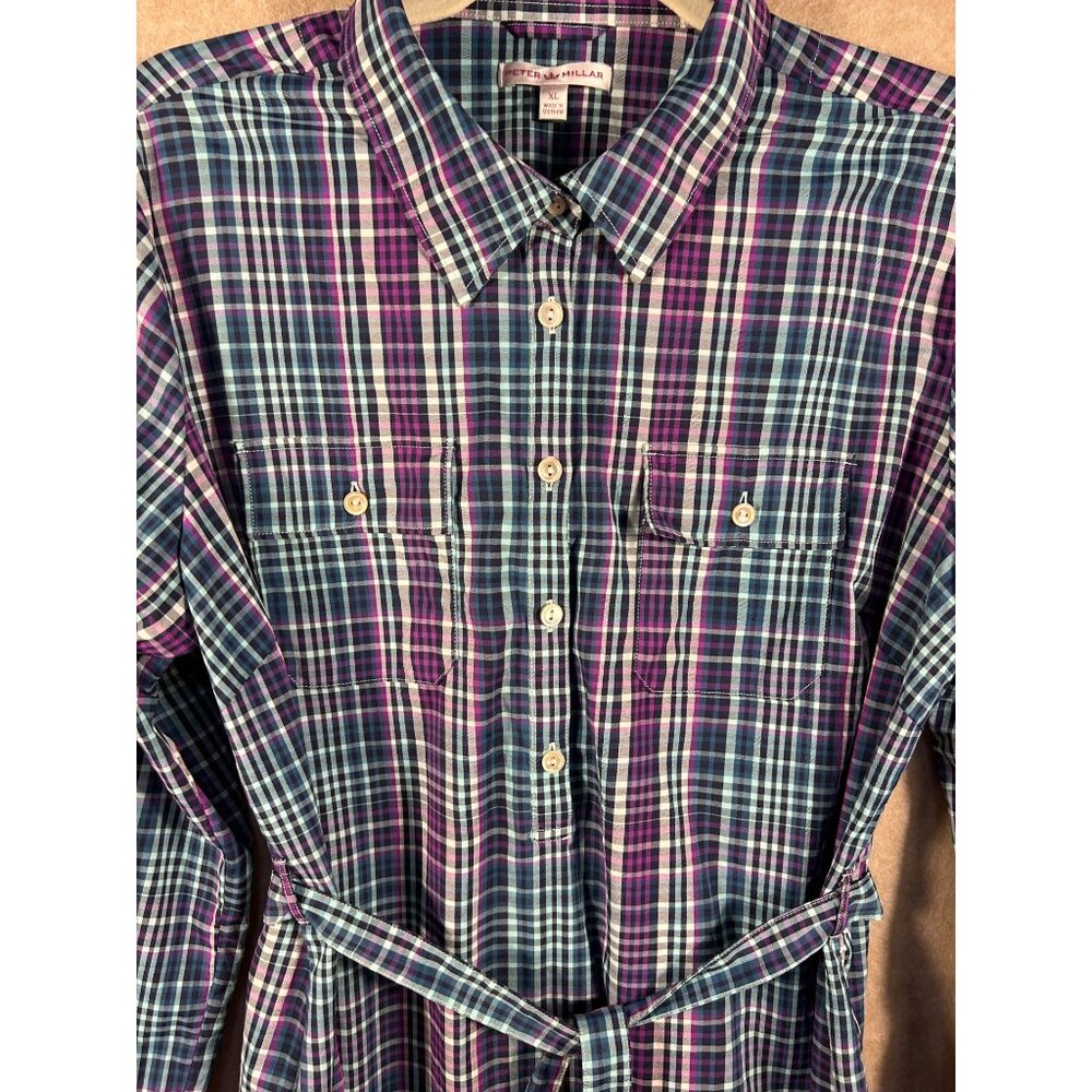Peter Millar Women's XL Plaid Stretch Button-Up Shirt Tie Belt Roll tab Sleeves - Picture 5 of 12
